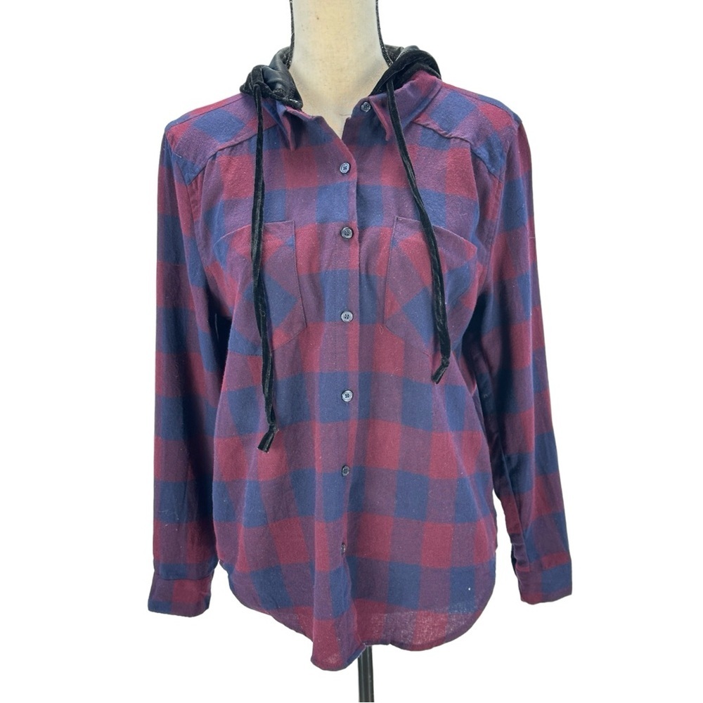 Seven Sisters Long Sleeve Removable Hood Plaid Flannel Shirt - Blue Red - Medium